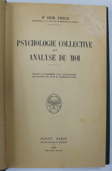 PSYCHOLOGIE COLLECTIVE ET ANALYSE DU MOI par SIGMUND  FREUD , 1924