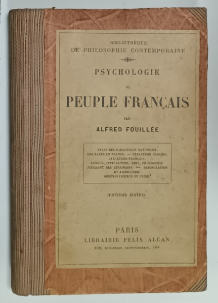 PSYCHOLOGIE DU PEUPLE FRANCAIS par ALFRED FOUILLEE , 1927