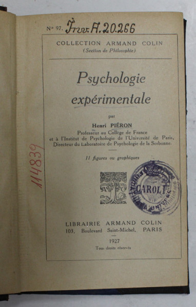 PSYCHOLOGIE EXPERIMENTALE par HENRI PIERON , 1927