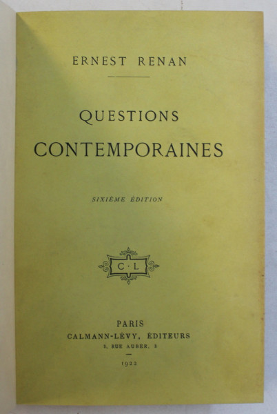 QUESTIONS CONTEMPORAINES par ERNEST RENAN , 1922