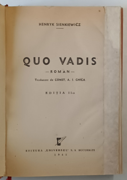 QUO VADIS , roman de H. SIENKIEWICZ , 1945 , EXEMPLAR RELEGAT