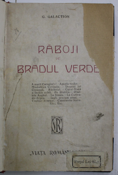 RABOJI PE BRADUL VERDE de GALA GALACTION , 1920 , LEGATURA CARTONATA