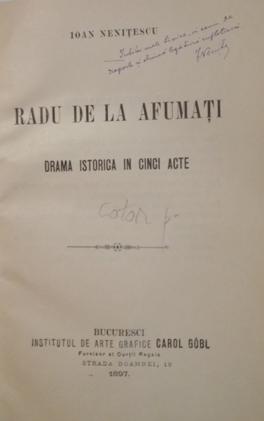 RADU DE LA AFUMATI de IOAN NENITESCU , 1897 , DEDICATIE*