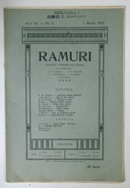RAMURI , REVISTA LITERARA , ANUL VII , NO. 5 , 1912