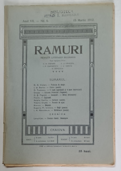 RAMURI , REVISTA LITERARA BILUNARA , ANUL VII , NO. 6 , 15 MARTIE , 1912