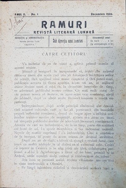 RAMURI, REVISTA LITERARA LUNARA, ANUL II, 1906-1907 - CRAIOVA