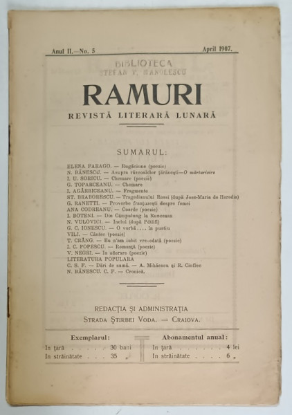 RAMURI , REVISTA LITERARA LUNARA , ANUL II , NO. 5 , APRIL , 1907