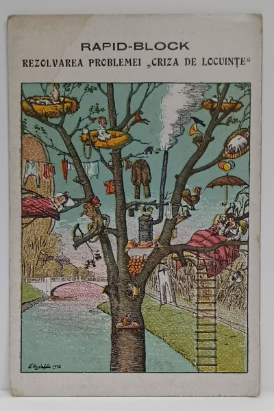 RAPID - BLOCK , REZOLVAREA PROBLEMEI ' CRIZA DE LOCUINTE ' , CARICATURA , INCEPUT DE SEC. XX