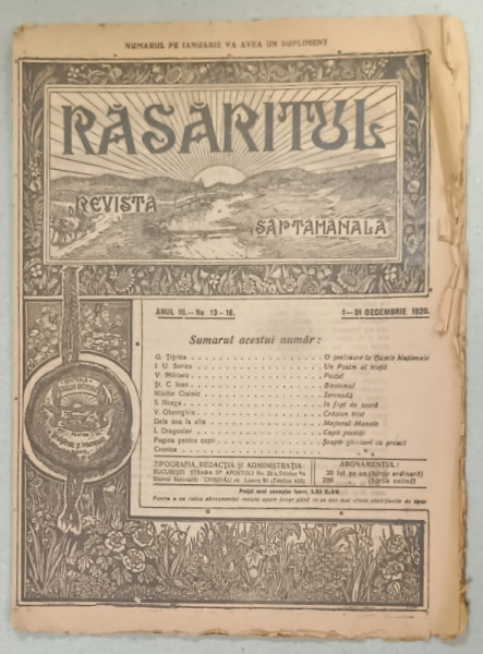 RASARITUL , REVISTA SAPTAMANALA , ANUL III , No. 13 -16 , CHISINAU , 1920