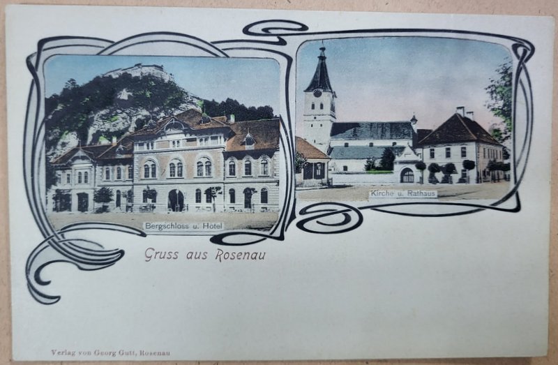 RASNOV ( ROSENAU ) , CETATEA SI HOTEL, BISERICA SI PRIMARIA , MONTAJ FOTO , CARTE POSTALA CLASICA