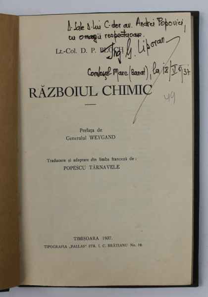 RAZBOIUL CHIMIC de LOCOTENENT COLONEL D. P. BLOCH , 1937 , DEDICATIE*