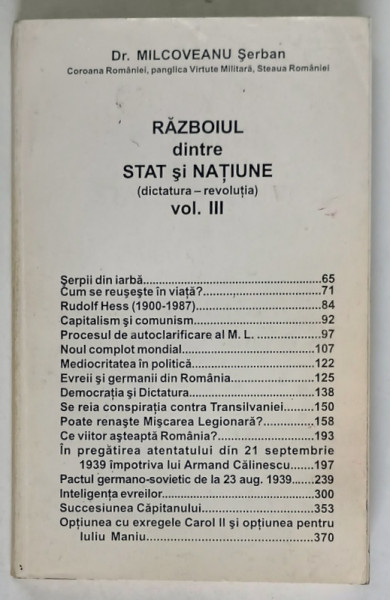 RAZBOIUL DINTRE STAT SI NATIUNE ( DICTATURA , REVOLUTIE ) , VOLUMUL III de MILCOVEANU SERBAN ,*PREZINTA SUBLINIERI