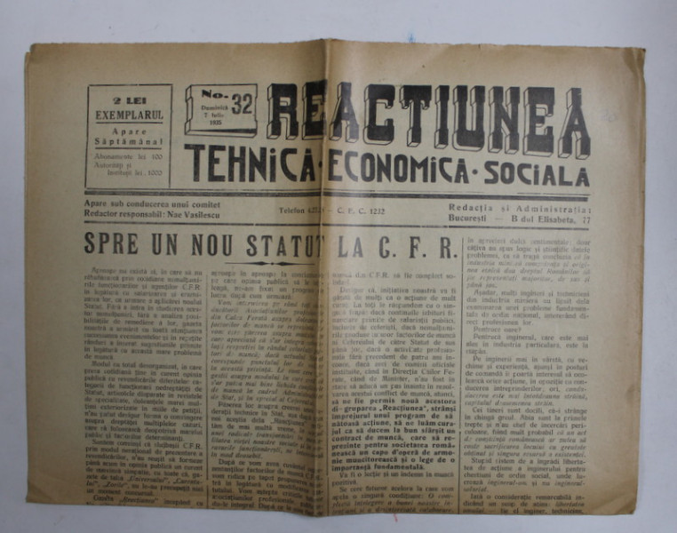 REACTIUNEA TEHNICA , ECONOMICA , SOCIALA , ZIAR , NR. 32 , DUMINICA , 7 IULIE , 1935