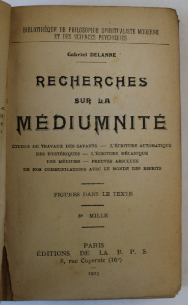 RECHERCHES SUR LA MEDIUMNITE par GABRIEL DELANNE , FIGURES DANS LE TEXTE , 1923