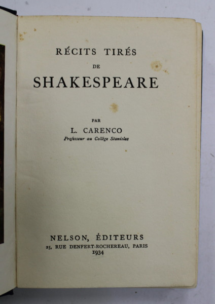 RECITS TIRES DE SHAKESPEARE par L. CARENCO , 1934