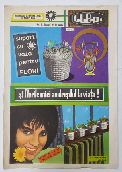 RECLAMA LA SUPORT CU VAZA PENTRU FLORI , PRODUS LA BACAU , 1971