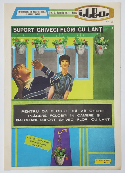 RECLAMA LA SUPORT DE GHIVECI CU LANT , PRODUS LA BACAU , 1971