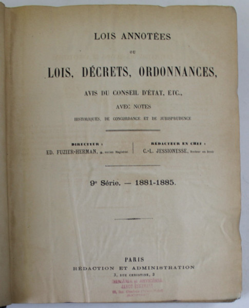 RECUEIL GENERALE DE  LOIS ANNOTES OU LOIS , DECRETS , ORDONNANCES , AVIS DU CONSEIL D 'ETAT , ETC .  , 1881 - 1885