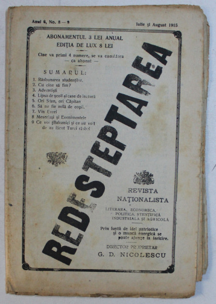 REDESTEPTAREA  - REVISTA NATIONALISTA , ANUL 6 , NO.  8 - 9 , IULIE  - AUGUST , 1915