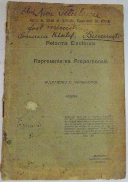 REFORMA ELECTORALA SI REPREZENTAREA PROPORTIONALA de ALEXANDRU C. CARIANOPOL , DEDICATIE*