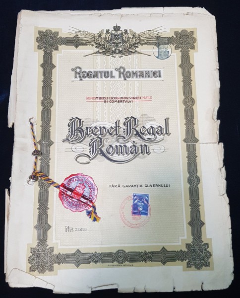 Regatul Romaniei  - Brevet Regal Roman Nr. 32698