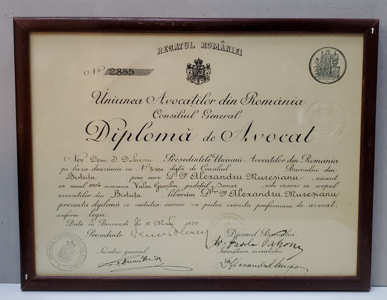 REGATUL ROMANIEI , DIPLOMA DE AVOCAT , EMISA DE UNIUNEA AVOCATILOR DIN ROMANIA , 17 MAI , 1929