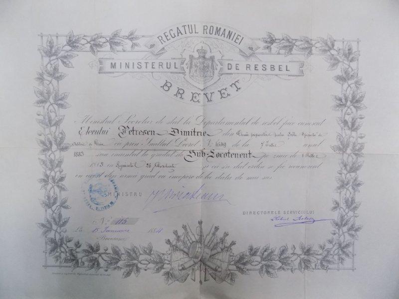 Regatul Romaniei, Ministerul de Resbel, Brevet 1884 semnat I. C. Bratianu