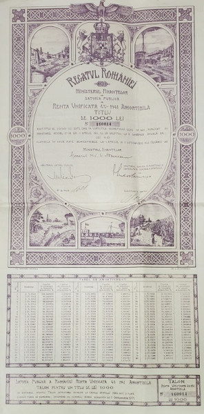 REGATUL ROMANIEI - MINISTERUL FINANTELOR - DATORIA PUBLICA , TITLU DE 1000 DE LEI , EMIS 1941