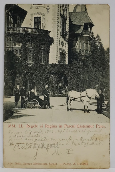 REGELE CAROL I si REGINA  ELISABETA , IN PARCUL CASTELULUI PELES , CARTE POSTALA , CLASICA