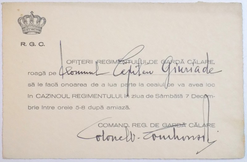 REGIMENTUL DE GARDA CALARE ,INVITATIE SEMNATA DE COLONEL VICTOR DOMBROWSKI