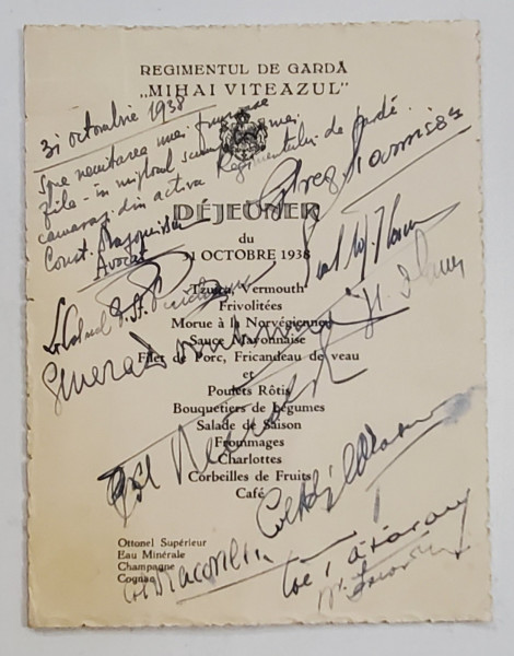 REGIMENTUL DE GARDA '' MIHAI VITEAZUL '' ,  MENIU SEMNAT DE PARTICIPANTI, 31 OCT. 1938