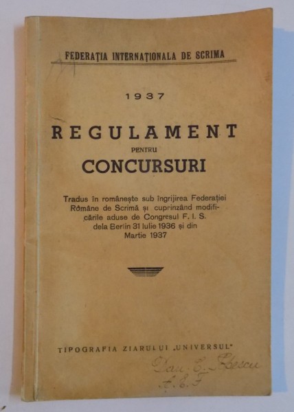 REGULAMENT PENTRU CONCURSURI 1937, FEDERATIA INTERNATIONALA DE SCRIMA
