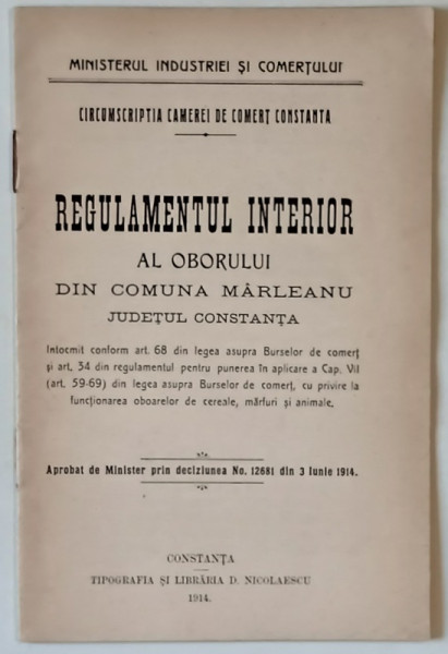 REGULAMENTUL INTERIOR AL OBORULUI DIN COMUNA MARLEANU , JUDETUL CONSTANTA , 1904