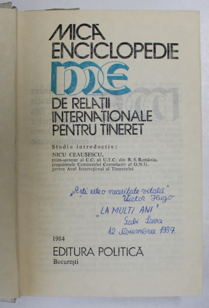 RELATII INTERNATIONALE - MICA ENCICLOPEDIE PENTRU TINERET de PETRE BARBULESCU...GHEORGHE PRISACARU , 1984