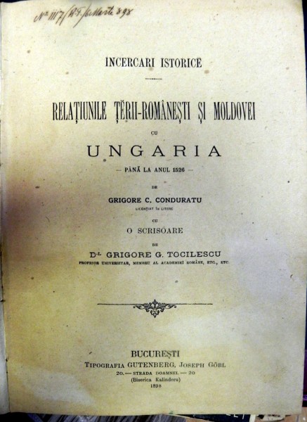 Relatiunile Terii Romanesti  si Moldovei cu Ungaria pana la anul 1526 Grogore C. Conduratu