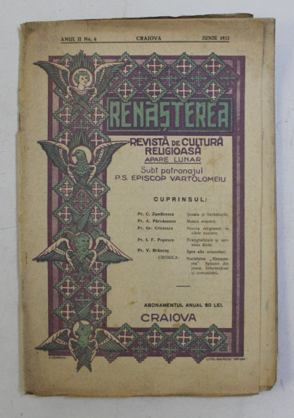 RENASTEREA , REVISTA DE CULTURA RELIGIOASA , ANUL II , NUMARUL 6 , IUNIE , 1923