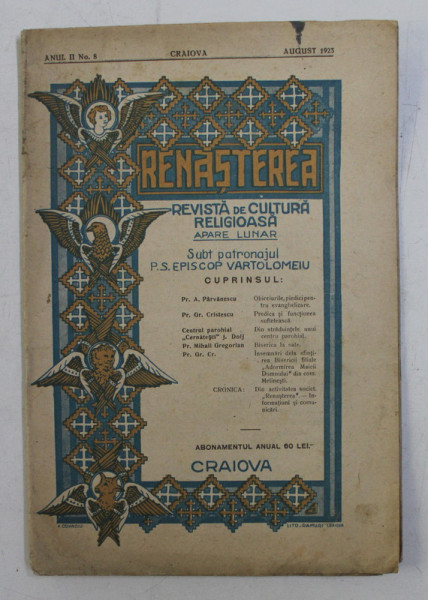 RENASTEREA , REVISTA DE CULTURA RELIGIOASA , ANUL II , NUMARUL 8 , AUGUST , 1923