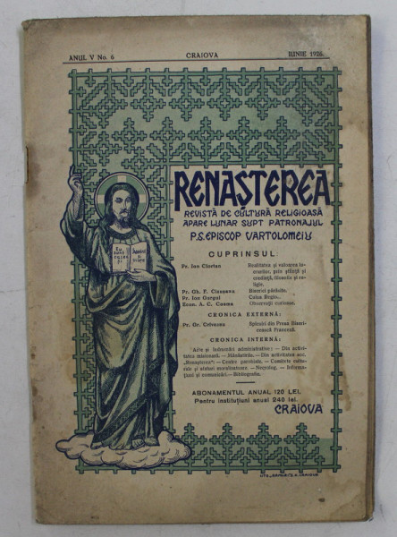 RENASTEREA , REVISTA DE CULTURA RELIGIOASA , ANUL V , NUMARUL 6 , IUNIE , 1926