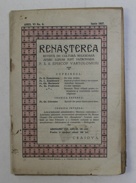 RENASTEREA , REVISTA DE CULTURA RELIGIOASA , ANUL VI , NUMARUL 6 , IUNIE , 1927