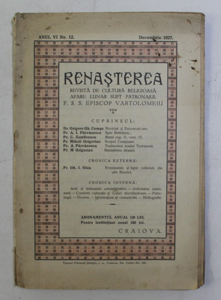 RENASTEREA , REVISTA DE CULTURA RELIGIOASA , ANUL VI , NUMARUL 12 , DECEMBRIE , 1927