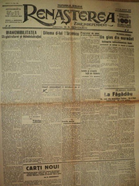 RENASTEREA, ZIAR INDEPENDENT, ANUL I, NR 60, LUNI 26 AUGUST 1918
