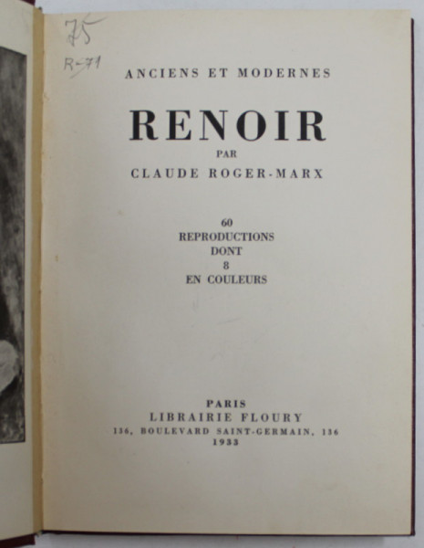 RENOIR par CLAUDE ROGER - MARX - 60  REPRODUCTIONS , 8 EN COULEURS , 1933