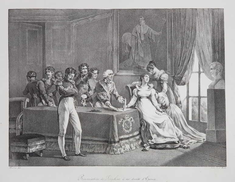 RENONCIATION DE JOSEPHINE A SES DROITS D 'EPOUSE ( RENUNTAREA JOSEFINEI LA DREPTURILE DE SOTIE ) , LITOGRAFIE de C. MOTTE , MONOCROMA, MIJLOCUL SEC. XIX