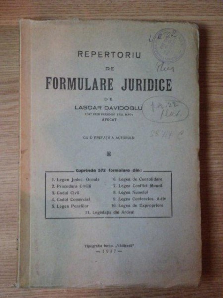 REPERTORIU DE FORMULARE JURIDICE de LASCAR DAVIDOGLU , 1937