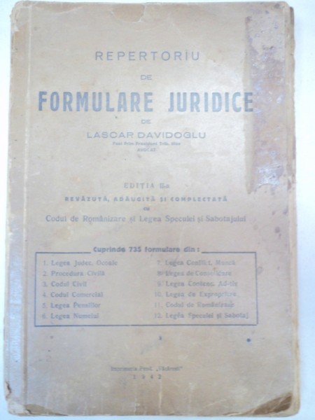 REPERTORIU DE FORMULARE JURIDICE-LASCAR DAVIDOGLU  EDITIA A 2-A  1942