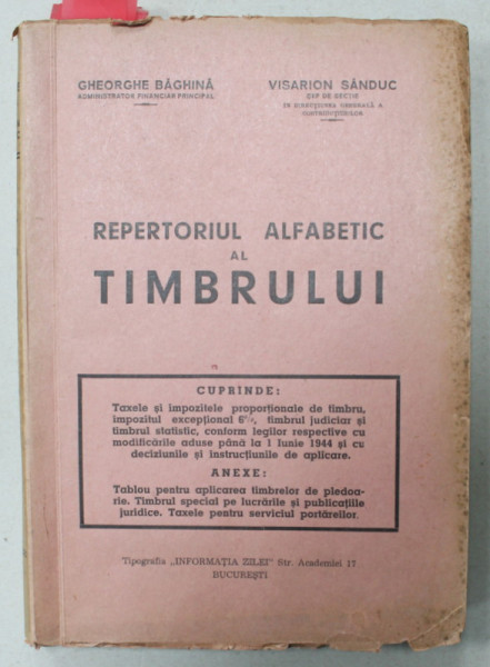 REPERTORIUL ALFABETIC AL TIMBRULUI de GHEORGHE BAGHINA si VISARION SANDUC , 1944