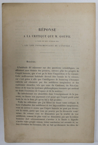 REPONSE A  LA CRTIQUE QUE M. GOUPIL A FAITE DE MON OUVRAGE ...par PRINCE GRIGORI STOURDZA , IASI , 1892