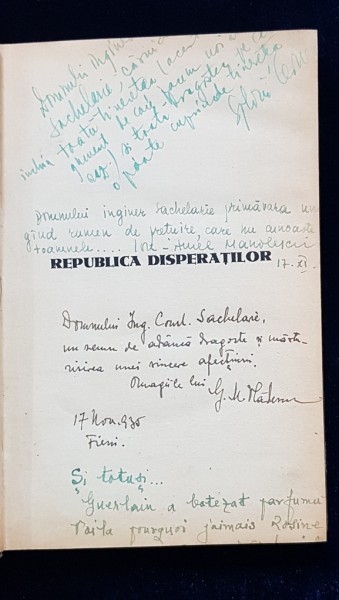 REPUBLICA DISPERATILOR, ROMAN de G. M. VLADESCU - BUCURESTI, 1935 *DEDICATIE