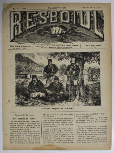 RESBOIUL  - ZIAR CU APARITIE ZILNICA , IN BUCURESTI , NR. 946   , VINERI , 29   FEBRUARIE , 1880 , PREZINTA PETE