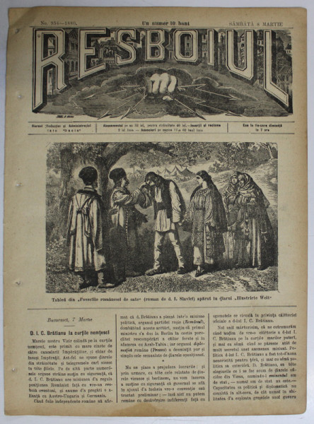 RESBOIUL  - ZIAR CU APARITIE ZILNICA , IN BUCURESTI , NR. 954   , SAMBATA  ,  8 MARTIE ,  1880 , PREZINTA PETE
